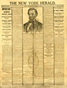 The New York Herald's announcement on the assassination of Abraham Lincoln.